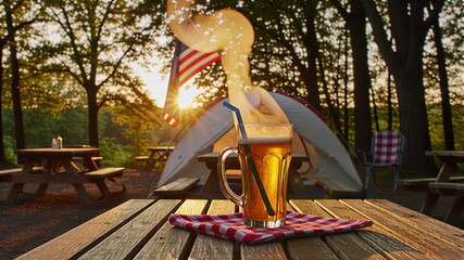 Glass of beer on picnic table in forest campsite during sunset - Powered by Adobe