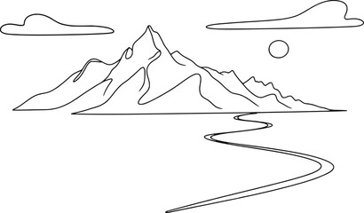 Jagged peaks under cloudy sky with winding river and sun mountain