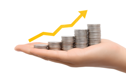 a hand holding coins with an arrow pointing up and a stack of money, a growth graph chart, or a business success concept, isolated on a transparent background