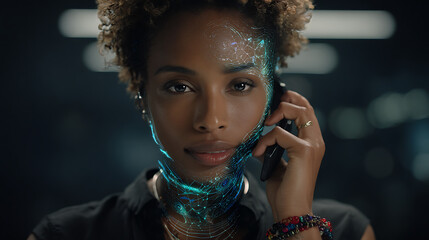 A woman with a digital network overlay on her face speaks on a phone in a dark, futuristic setting.