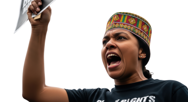 Protesting Woman Shouting for Justice detailed illustration featuring human, raised fist, solidarity, rally, awareness, protest design concept