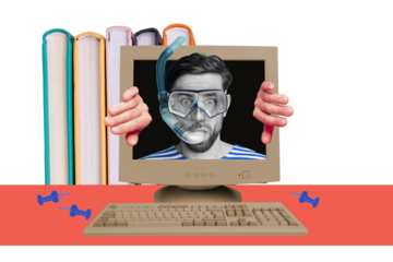 Composite photo collage of funny man wear swim equipment peek computer monitor screen office supplies isolated on painted background