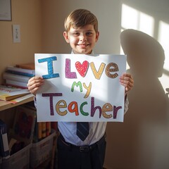 World Teachers Day Boy Holding I Love My Teacher Sign