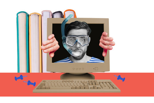 Composite photo collage of funny man wear swim equipment peek computer monitor screen office supplies isolated on painted background