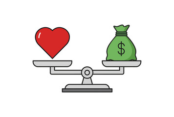 Balance between love and money isolated on white background