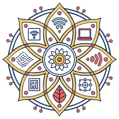 Abstract digital mandala design featuring technology icons like wifi laptop and network nodes symbolizing connectivity and modern life