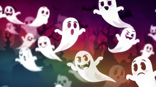Spooky Ghost Characters Floating and Dancing on Colorful Halloween Background with Bats