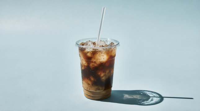 Iced coffee in a clear plastic cup with a flat lid and straw on a pastel blue background, minimal studio composition with soft halo shadow