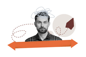Creative picture collage young man mind mess drawing doodles arrow direction way route airplane paper correspondence thoughts