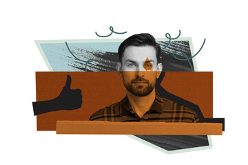 Composite photo collage of serious young man candidate pose election hand show thumb up recommend...