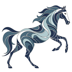 Artistic abstract horse illustration in shades of blue and gray with flowing lines and curves in a dynamic pose on a white background