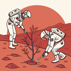 Astronauts planting a small tree on a barren alien planet with a large red sun in the background symbolizing new beginnings