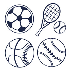 Collection of popular sports balls and equipment including soccer ball basketball baseball tennis racket and baseball