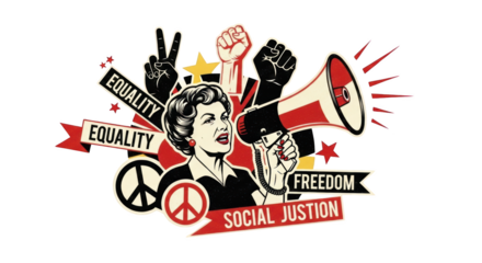 Social Justice Movement Graphic Design detailed illustration featuring megaphone, human rights, freedom, feminist, peace symbol, justice design
