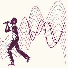 Silhouette of a man wearing headphones and singing into a microphone with abstract sound wave graphics emanating from him