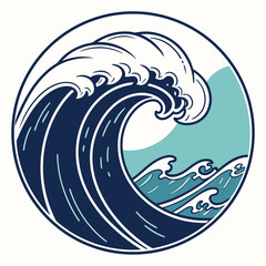 Stylized illustration of a large powerful dark blue ocean wave cresting and breaking within a circular frame with smaller waves in the background