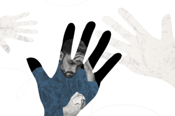 Composite photo collage of people hands abuse society upset man hold fist crumpled paper problem depression isolated on painted background