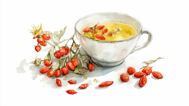 watercolor goji berries tea cup, white background clip art preview