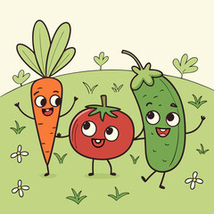 Three happy cartoon vegetables a carrot tomato and cucumber dancing and smiling in a grassy field with flowers and plants