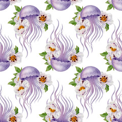 Jellyfish and white peony flowers, a drawing in digital watercolor style. Seamless pattern for fabric, gift wrap, wedding decor, childrens design, cards, posters, and summer-themed projects.