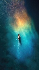 A lone vessel navigates a vibrant, ethereal ocean, its wake trailing behind, bathed in a surreal, multicolored light emanating from above. The water's texture is subtly blurred, creating a dreamy 