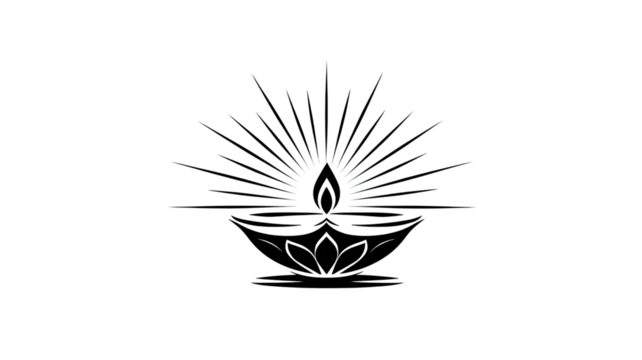 Black and White Line Art of Diwali Oil Lamp with Simple Elegant Outline for Festive Decoration isolated on white background