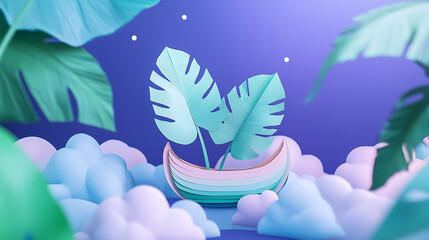 Obraz premium Dreamy Tropical Escape Monstera Leaves Floating on Clouds Illustration