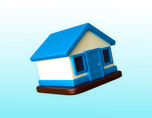 a house with a blue roof and white walls, set against a light blue background