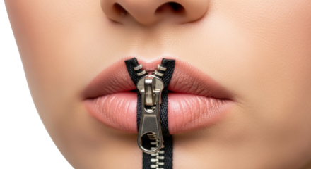 Womans Lips Zipped Shut Symbolizing Silence detailed illustration featuring expression, closed, quiet, hidden, mouth, withheld design