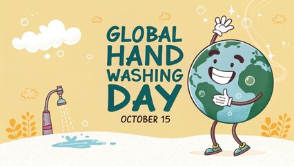 Happy earth character celebrates global handwashing day october 15