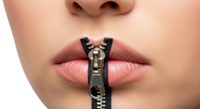 Womans Lips Zipped Shut Symbolizing Silence detailed illustration featuring expression, closed, quiet, hidden, mouth, withheld design