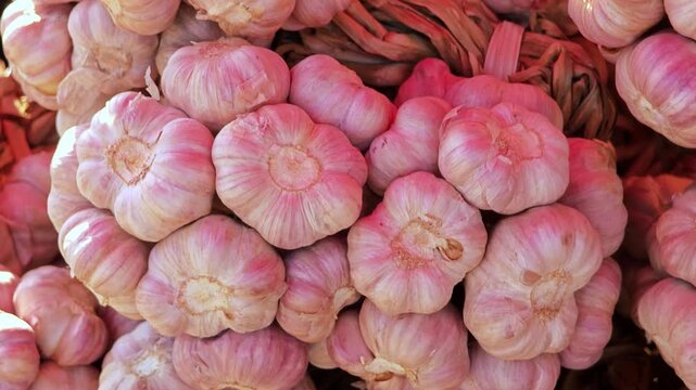 Fresh garlic bulbs in a market. 