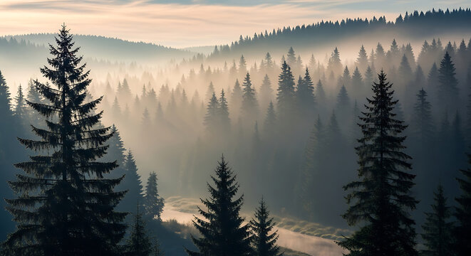 Misty forest landscape with sun rays filtering through the trees - Powered by Adobe