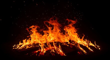 Vibrant orange and yellow flames dance and flicker in a roaring bonfire against a dark background