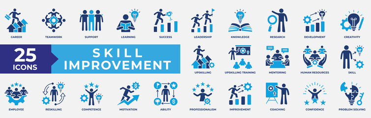Skill Improvement Icons Set. Containing career, teamwork, skill, success, leadership, knowledge, upskilling, training and mentoring. Simple Flat Vector Illustration.
