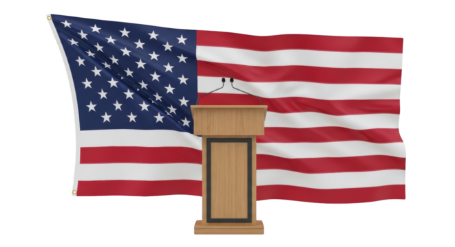 Wooden speakers lectern with microphones before a waving American flag detailed illustration featuring isolated, stand,