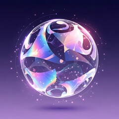 Fototapeta premium Abstract iridescent sphere with geometric elements and glowing particles, illustration