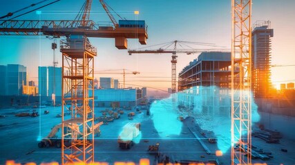 Construction Site with Cranes and Digital Data Overlay for Building Project Management - Powered by Adobe