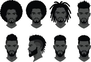 Vector illustration of African American men featuring various trendy Black hairstyles and beard styles including afro, locs, fades, mohawk, and modern haircuts