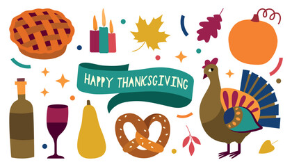 Thanksgiving Celebration Elements Set Vector Illustration. Festive Thanksgiving vector illustration featuring a turkey, pumpkin, pie, wine, and autumn leaves.