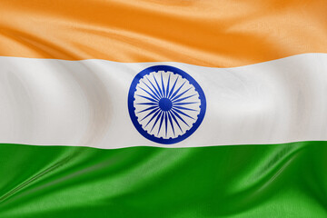 Gently waving flag of India, textured cloth rippling with motion, evoking unity, heritage, and...