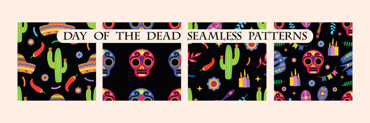 Day of the Dead Seamless Patterns Set Vector Illustration. Colorful Day of the Dead seamless patterns featuring skulls, cacti, and candles.
