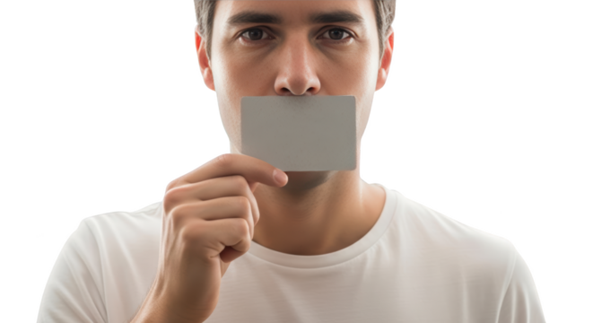 Young man holding a blank card over his mouth detailed illustration featuring mockup, model, holding, paper,