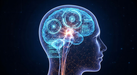 Futuristic digital brain network with glowing neural connections and data displays, symbolizing AI and advanced technology concepts