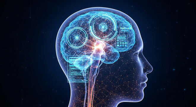 Futuristic digital brain network with glowing neural connections and data displays, symbolizing AI and advanced technology concepts