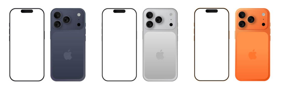 Vector illustration of the iPhone 17 Pro concept (2025) in editorial style. Mockup screen front view iphone with white screens and back side phone. Editorial vector