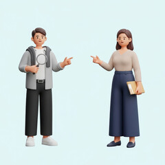 Fototapeta premium 돋보기와 서류를 든 남녀 캐릭터의 정보 전달 3D 일러스트