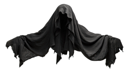 Floating Empty Black Hooded Cloak with Mysterious Dark Aura for Spooky Halloween Costume and Fantasy Decoration isolated on white background