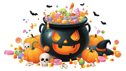 Spooky Halloween Cauldron with Bubbling Green Potion for Haunted Party Decoration and Magical Witchcraft Scene isolated on white background