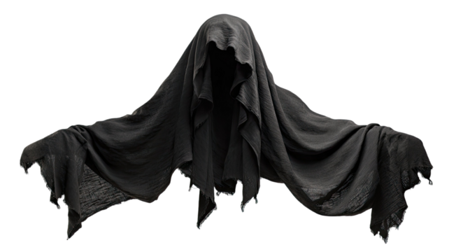 Floating Empty Black Hooded Cloak with Mysterious Dark Aura for Spooky Halloween Costume and Fantasy Decoration isolated on white background